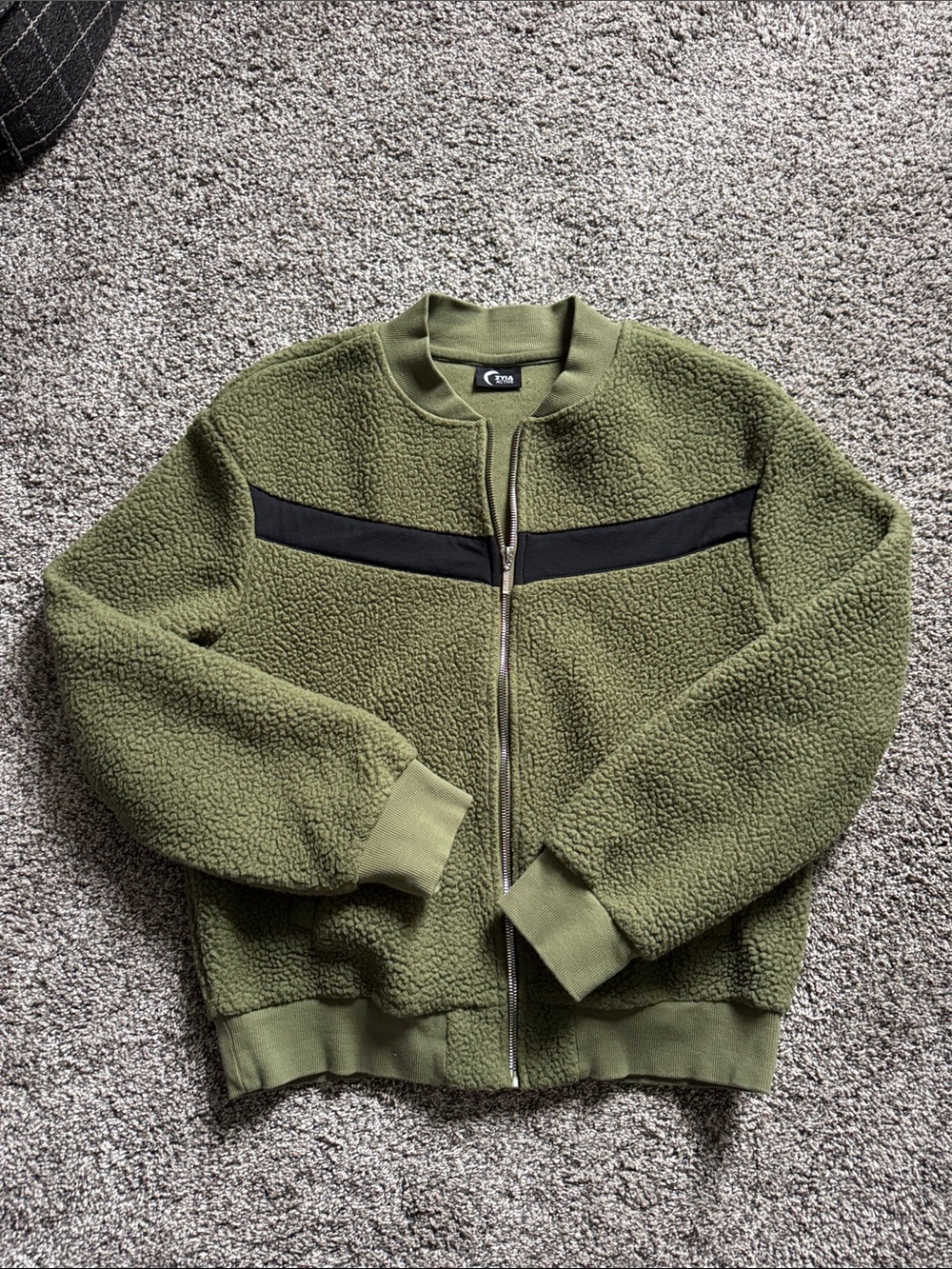 ZYIA Olive Green Sherpa Zip-Up with Black Chest Stripe